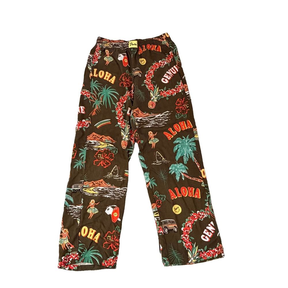 Duvin Palm Print Linen Tercel Lounge Pants Brown Medium M Elastic Waist Surf